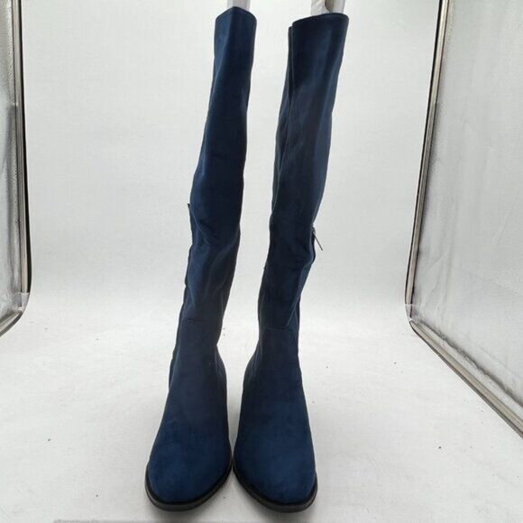 Navy Round Closed Toe Wide Calf Chunky Suede Side Zipper Ladies Shoes - Picture 1 of 7